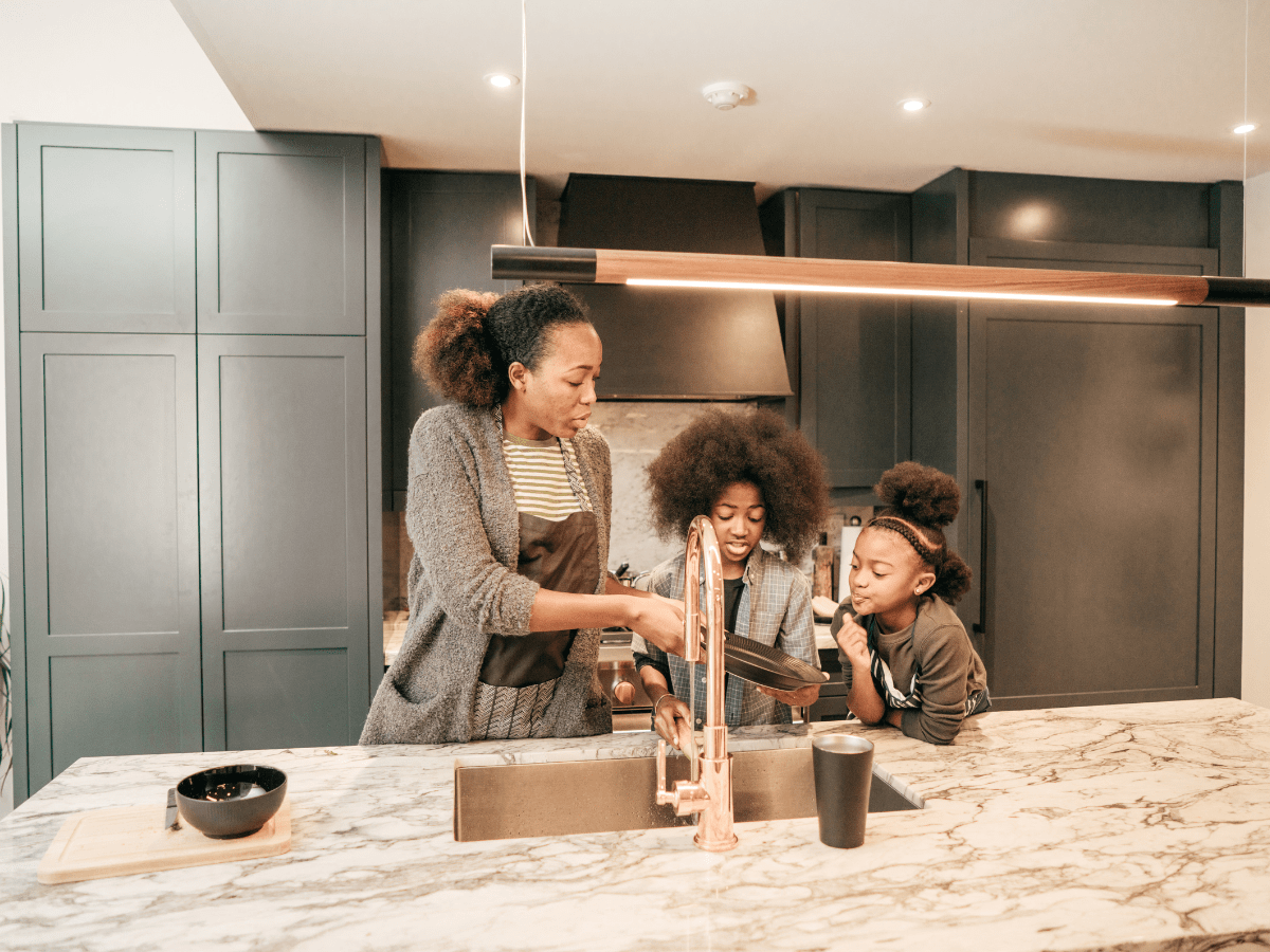 family doing chores together.