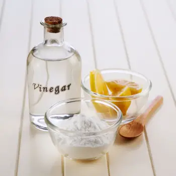 vinegar and baking soda on a wood counter. Simple ways to create a non-toxic kitchen.