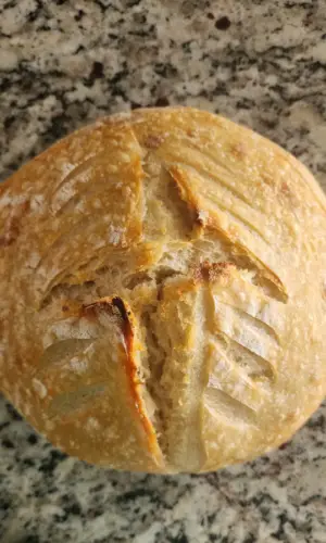 a photo of baked bread after using my best sourdough recipe.