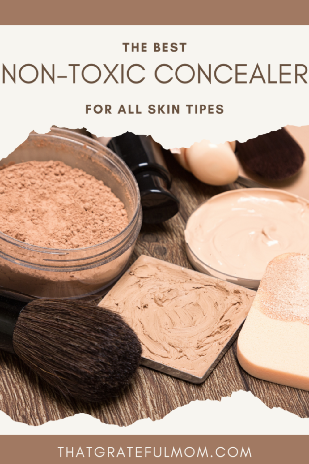 powder Makeup products laid out messily including the best non-toxic concealer