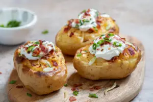 baked potatoes covered with bacon, cheese, and sour cream. An excellent budget-friendly large family dinner idea