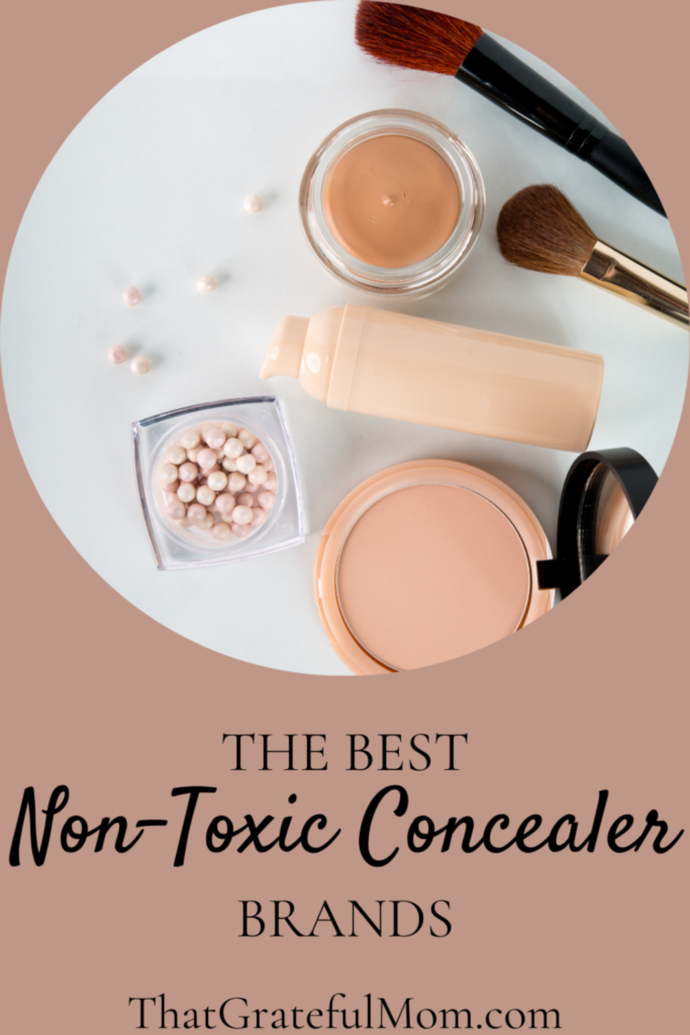 Makeup products laid out on the counter, including the best non-toxic concealer