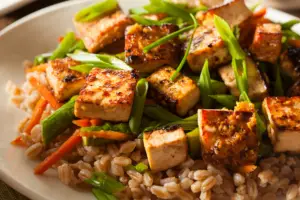 A large bowl of stir fry with chicken, rice, and veggies. Adding stir fry to your list of large family dinner ideas is excellent for utilizing leftovers.