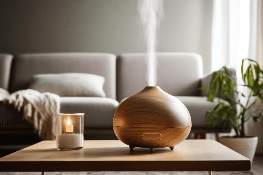 A diffuser on a coffee table filling the room with clean scents, an excellent step to take when creating a non-toxic home.